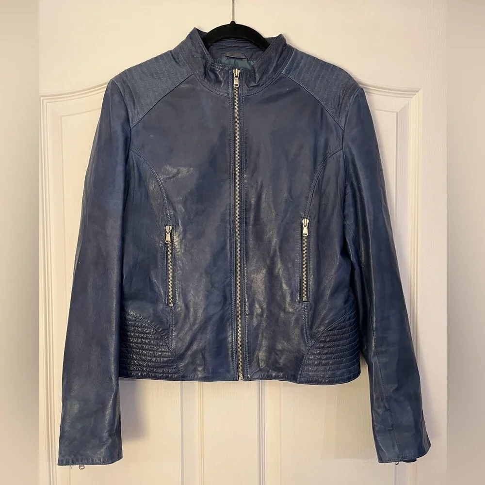 Leather BOD & Christensen Quilted Moto Jacket in Blue - Picture 1 of 9